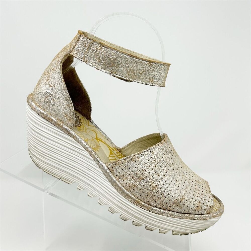 Fly London Women's Gold Wedge Sandals Size 37 (US 6-6.5) Adjustable Strap